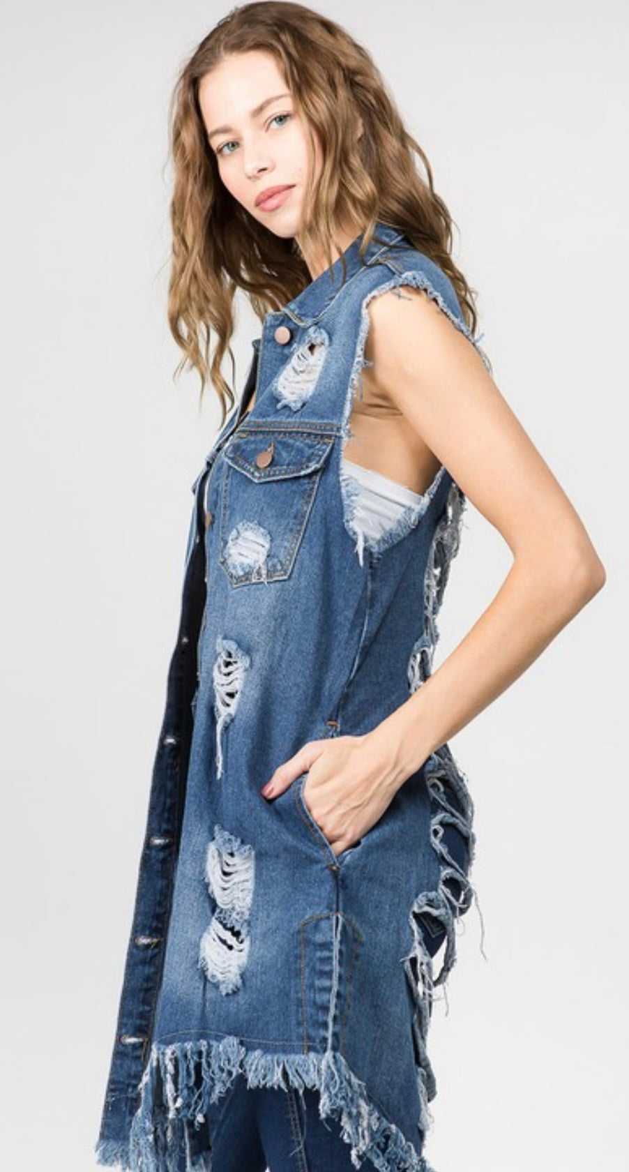 Sleeveless distressed, long jean vest