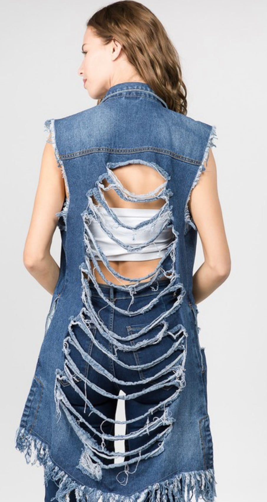 Sleeveless distressed, long jean vest